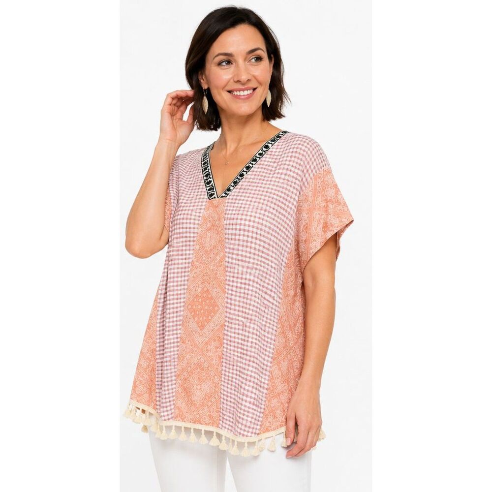 New GIGIO  L 12 14 16  Dusty Apricot Gingham Bandana Oversized Caftan Tunic Top - Picture 4 of 8